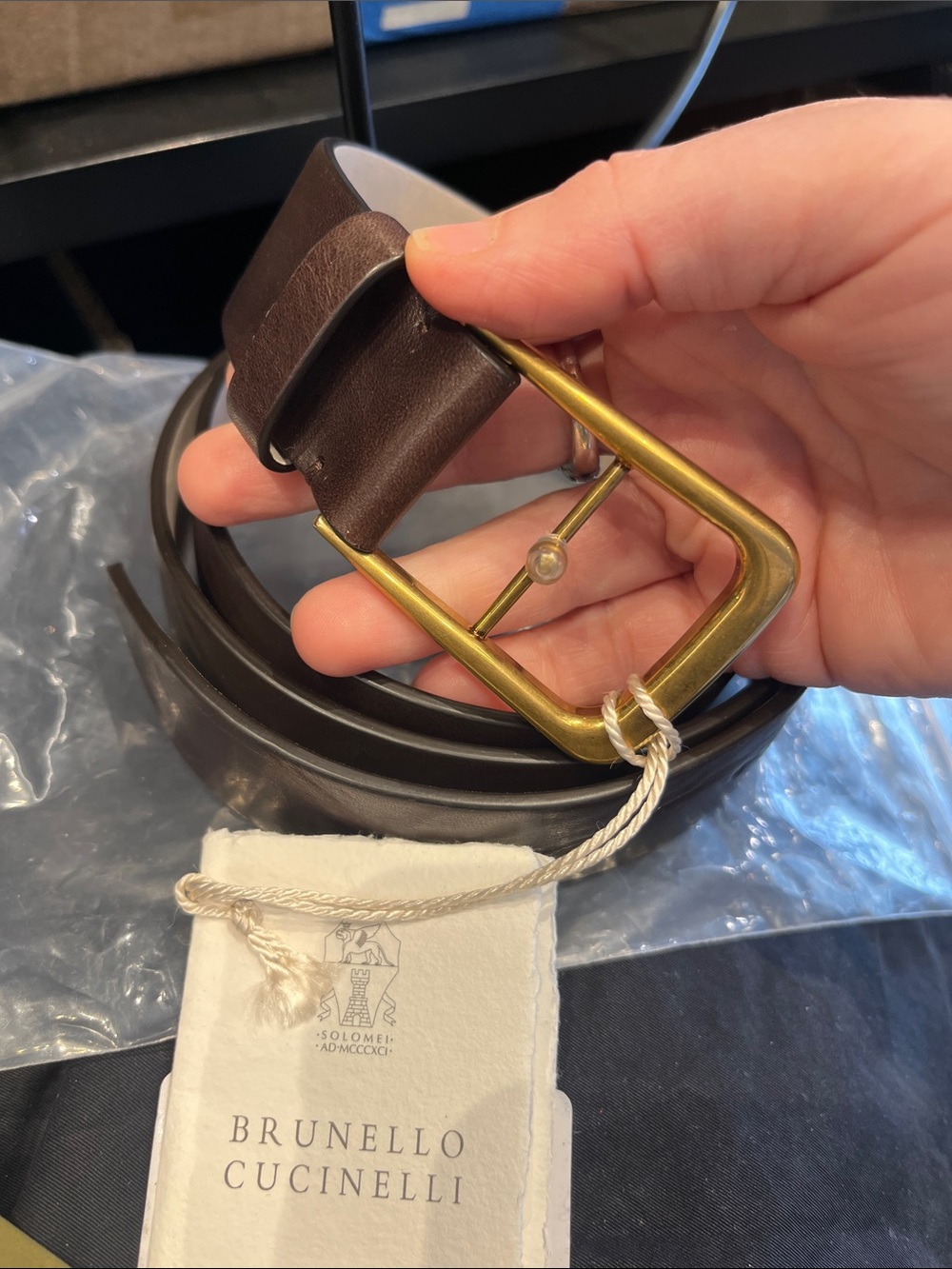 Brunello Cucinelli Dark Brown Leather Belt with Brass-Tone Buckle Size L